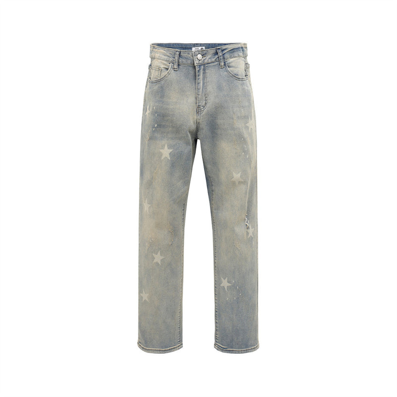 Men Jeans Star Printed Loose Retro Worn