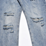 Men Jeans Hole Worn All-Match Loose Raw Hem