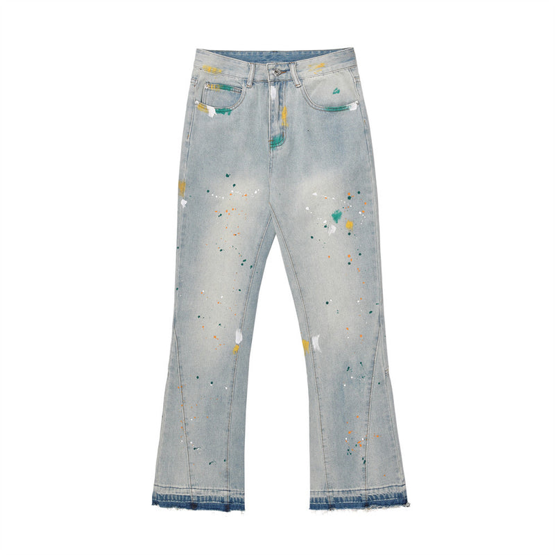 Men Jeans Rough Edge Splash Ink Hole Slightly Flared Loose Casual
