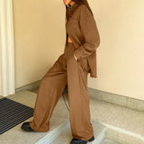 Women Co-Ords Brown Long Sleeve Shirt High Waist Loose Winter