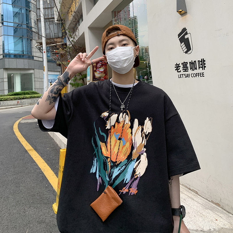 Men T Shirt Printed Summer Cotton Loose