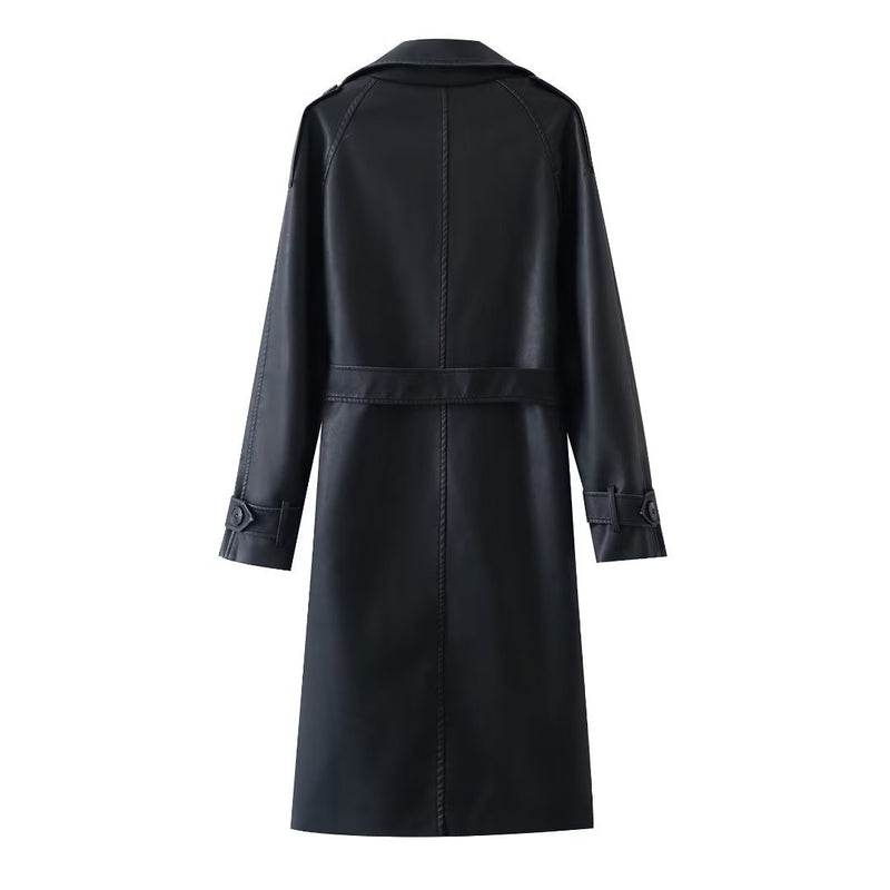 Women Trench Coat Temperament Mid-Length Leather Coat