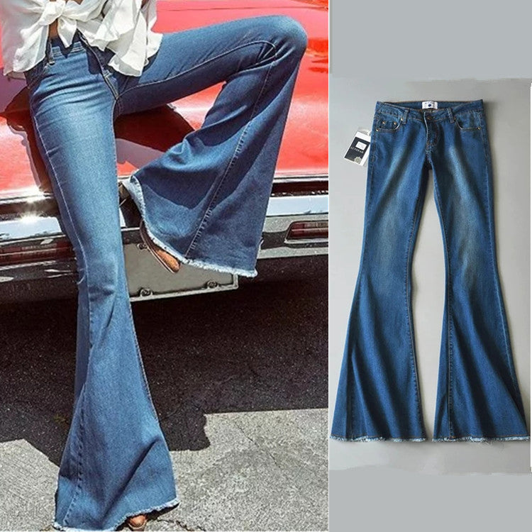 Women Jeans Frayed Flared Pants Stretch