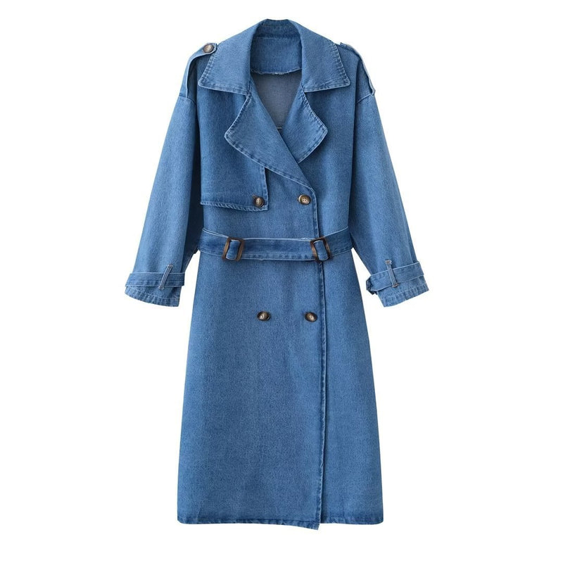 Women Trench Coat Loose Waistband Denim Trench Coat