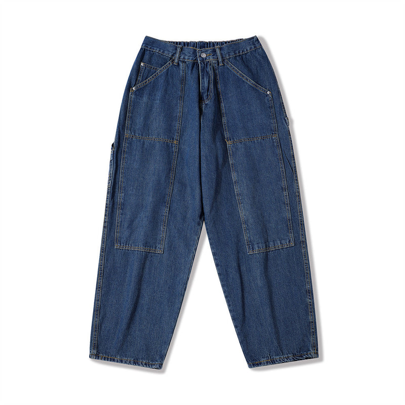 Men Jeans Loose Stitching Pants Solid Color Casual