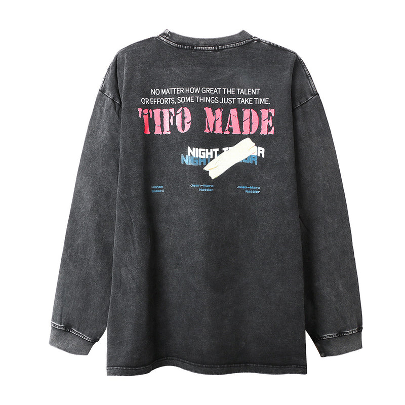 Men Long Sleeve T-Shirt Great White Shark Print Washed and Worn Loose