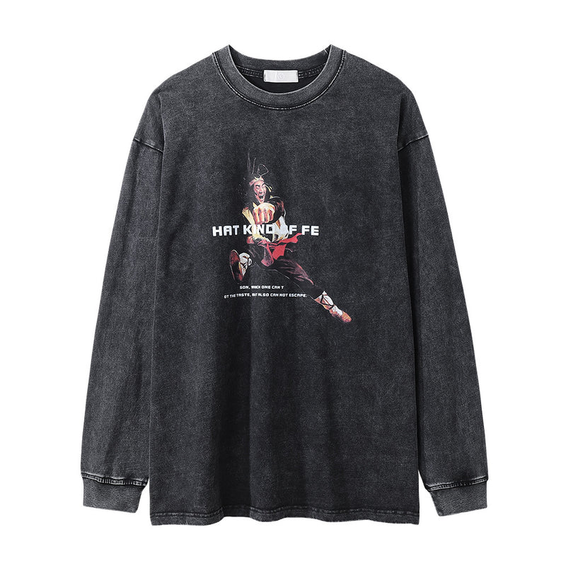 Men Long Sleeve T-Shirt Journey to the West Monk Print Distressed