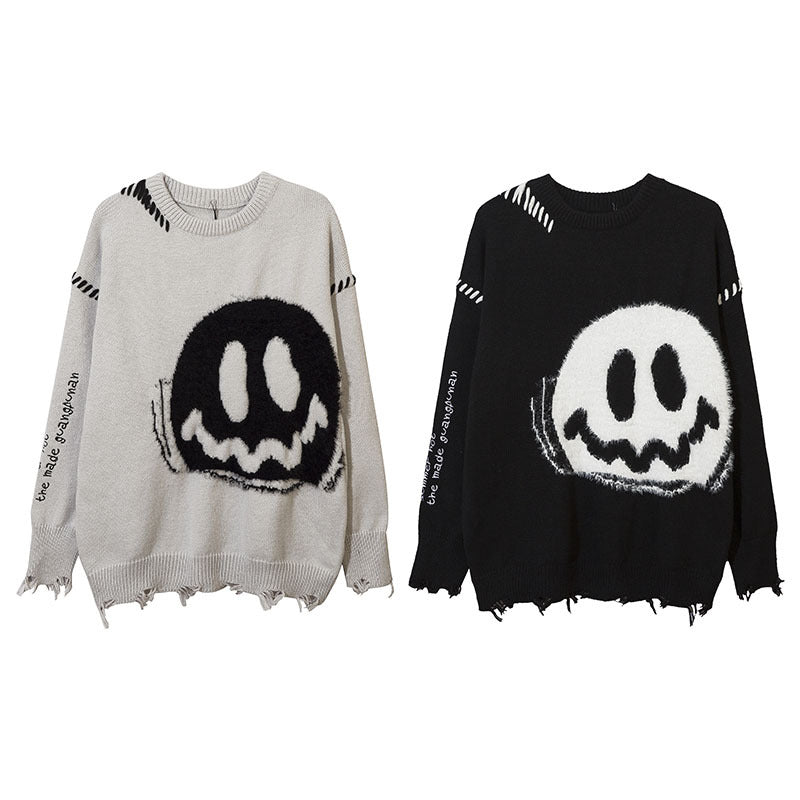 Women Sweater Smiley Face Contrast Color Knitted Sweater Oversize Hole