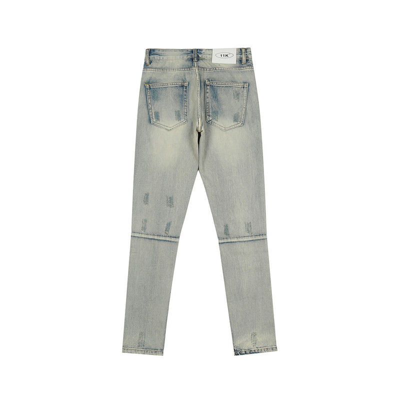 Men Jeans Hole & Patch Washed Worn Jeans Men's Zipper Split Casual Tights Trendy Slim Fit Skinny Pants