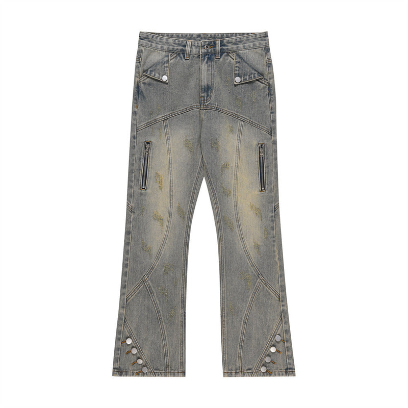 Men Jeans Stitching Worn-out Bell-Bottom Pants Punk