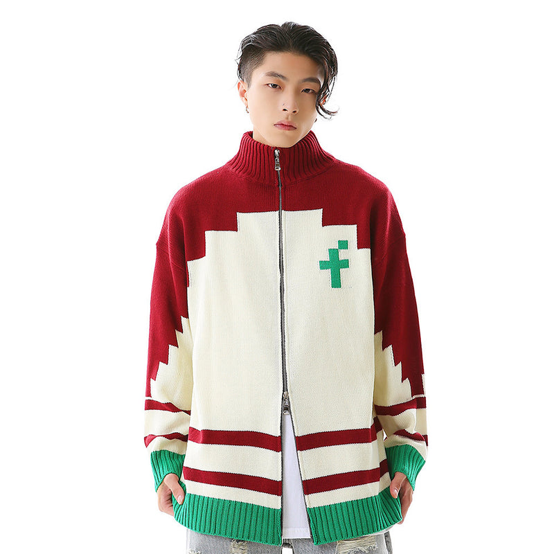 Men Sweater Flower Jacquard Knitted Cardigan Half Turtleneck Double Zipper