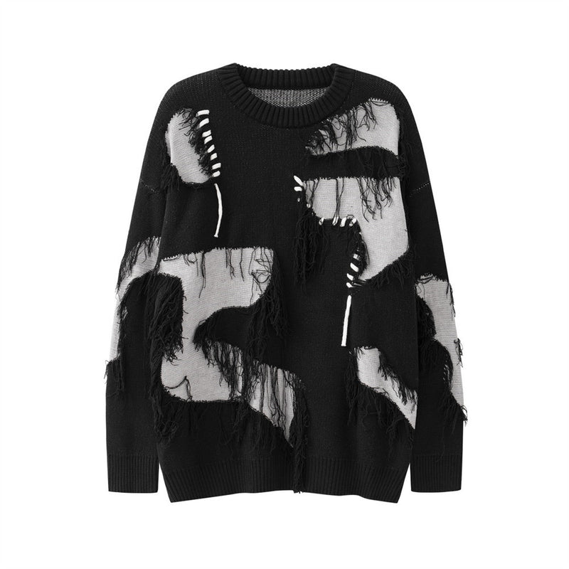 Men Sweater Stitching Ripped round Neck Sweater Niche