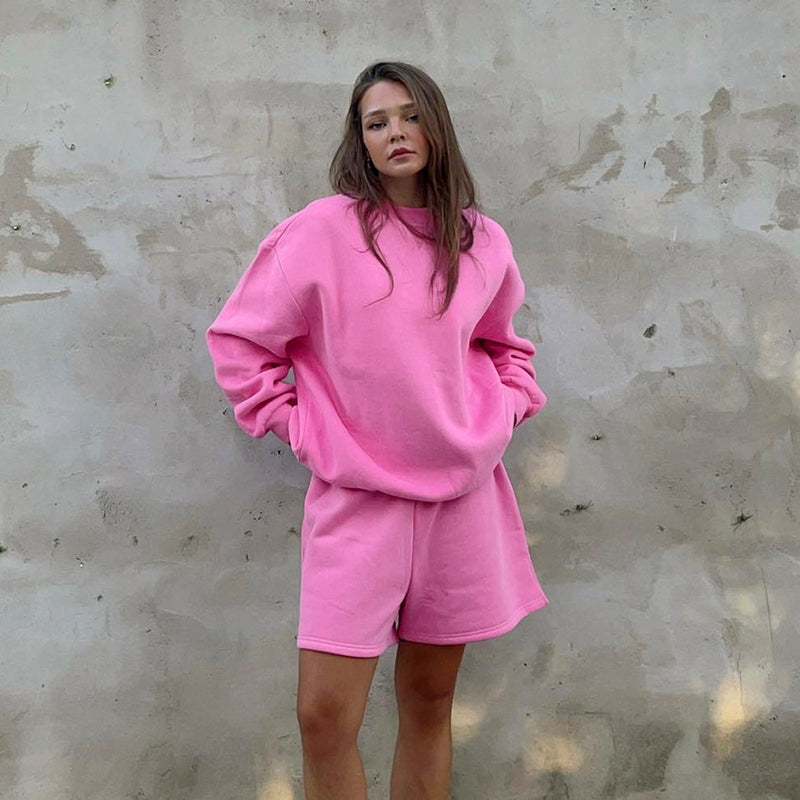 Women Co-Ords Autumn and Winter round Neck Pullover Long Sleeve Shorts Leisure