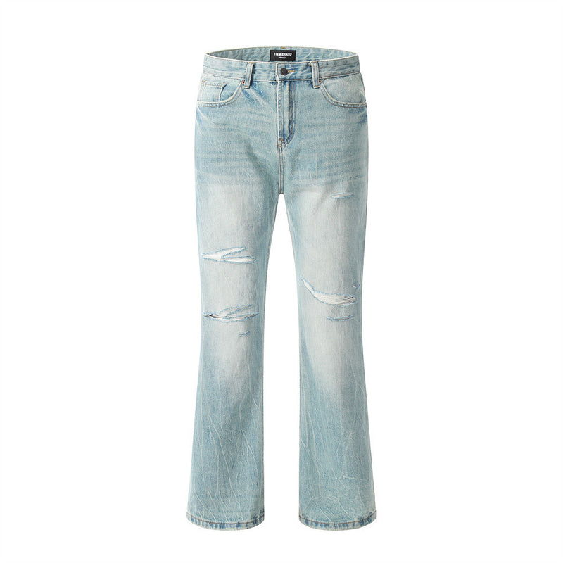 Men Jeans Bright White Ripped Bell-Bottom Pants Loose Casual