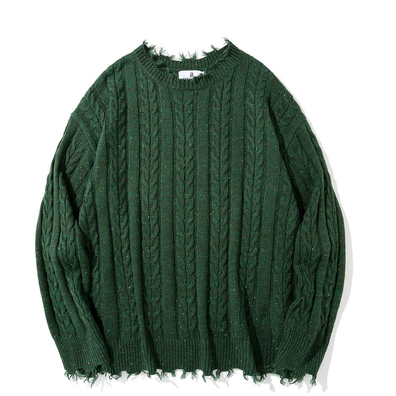 Men Sweater Solid Color Brocade Sweater Loose round Neck