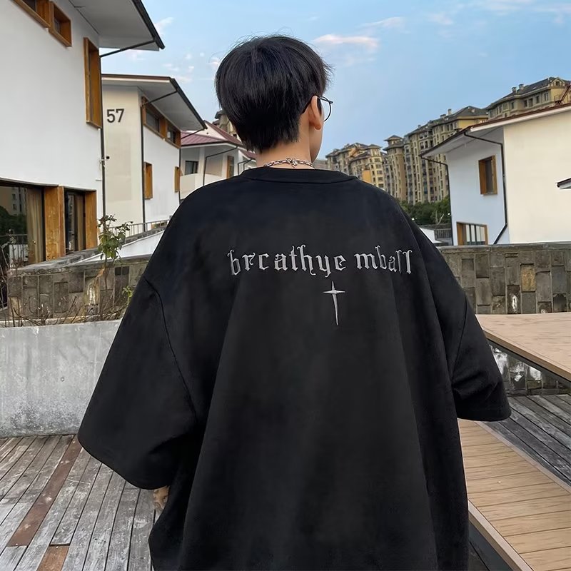 Men T Shirt Vintage Men's Summer Suede Loose
