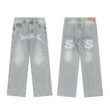 Men Jeans Loose Straight Dollar Symbol Pattern Casual