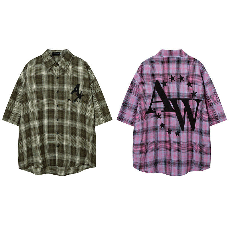 Short Sleeve Shirt Plaid Lapel Oversize