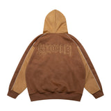 Men Fleece Lined Hoodie Cardigan Sweater Men's Winter Loose Color Contrast Patchwork Embroidered Letters