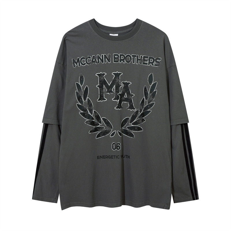 Men Long Sleeve T-Shirt Stitching Fake Two-Piece Loose Top