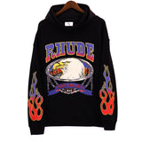 Rhude Hoodie Alphabet Eagle Flame Sleeve Hooded Sweater