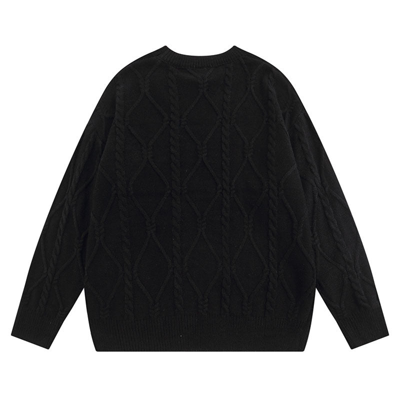 Women Sweater Retro Crew Neck Knitted Sweater Embroidery College Style