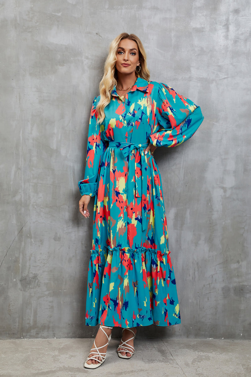 Women Dress Lace-up Waist Lantern Sleeve Dress