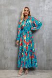 Women Dress Lace-up Waist Lantern Sleeve Dress