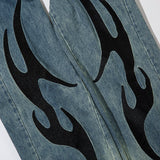Men Jeans Abstract Flame Pattern Stitching