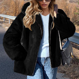 Women Fur Jacket Zipper Short Chic Plush Coat