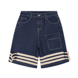 Men Shorts Patchwork Denim Shorts Multi-Pocket Workwear