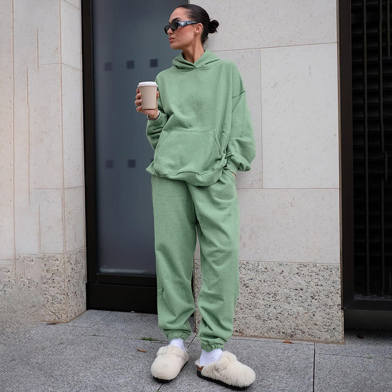 Women Co-Ords Green Short Top Hooded Sweater Autumn and Winter Sports Suit