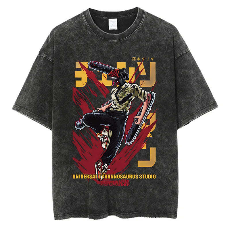 Anime Chainsaw Man Washed TShirt Men Streetwear