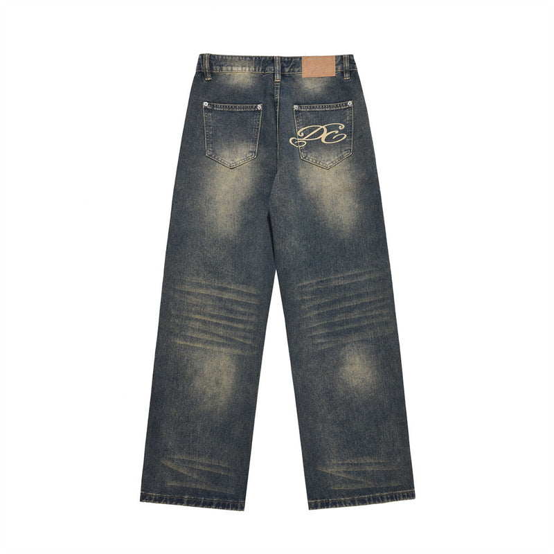 Men Jeans Loose Old Scratch Polished White