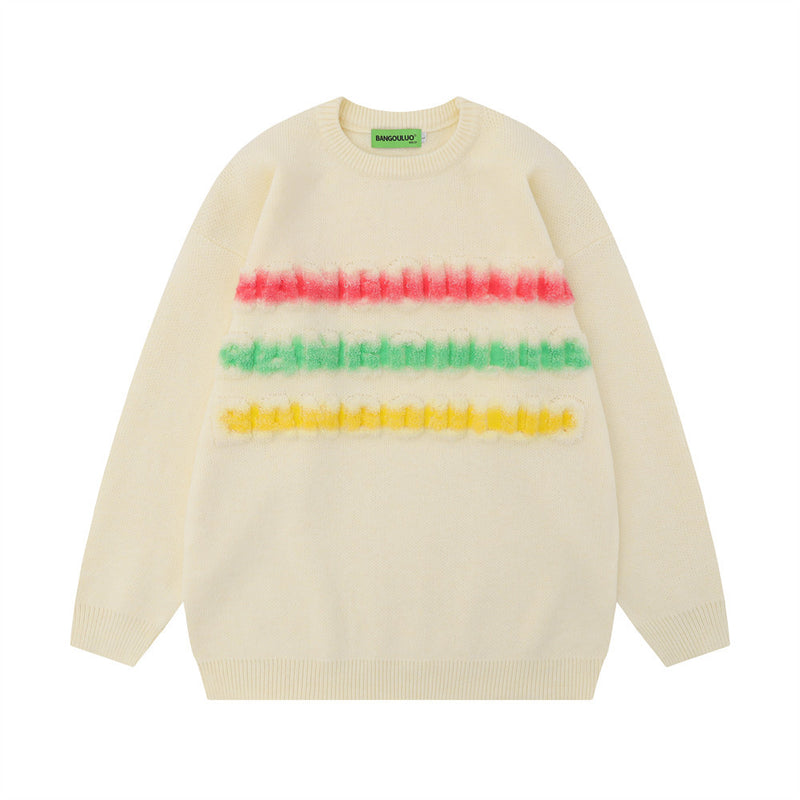 Men Sweater Jacquard Crew Neck Casual Loose Knitted Sweater