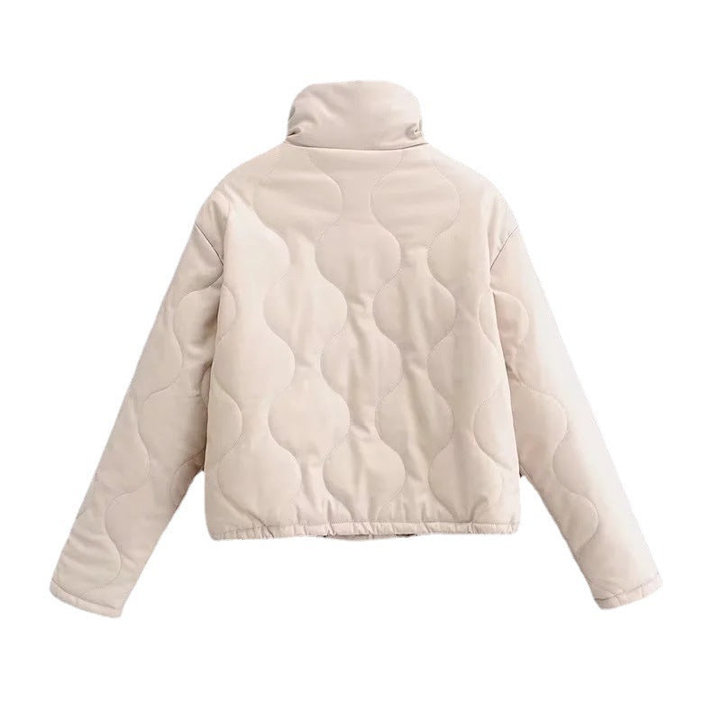 Women Cotton Coat Stand Collar PU Leather Cotton Jacket