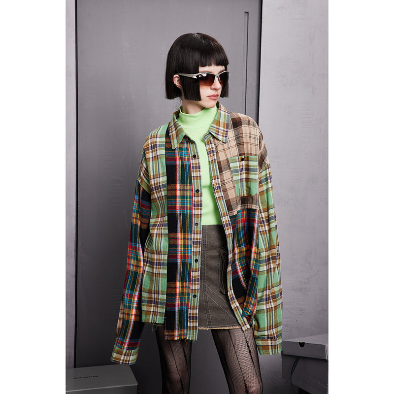 Unisex Shirt Casual Long Sleeve Distressed Stitching Plaid