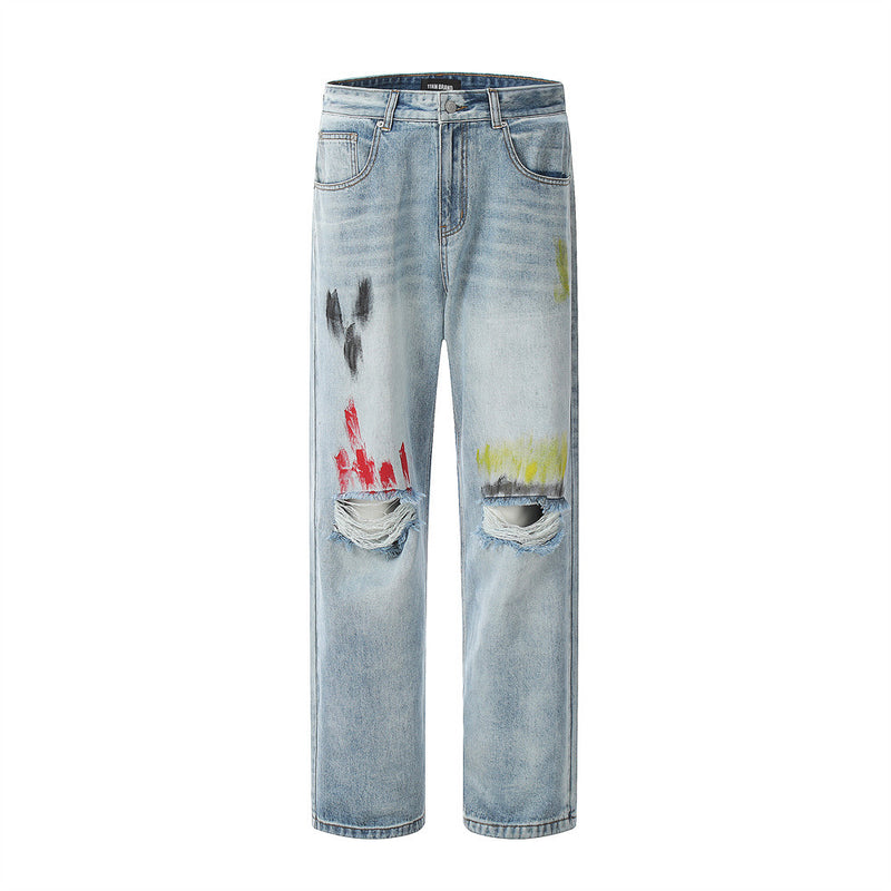 Men Jeans Graffiti Loose Hole Leisure