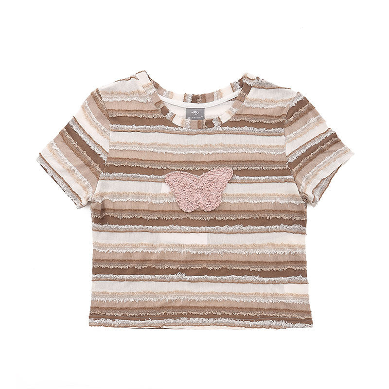 Men T-Shirt Retro Slim Striped Embroidery Female