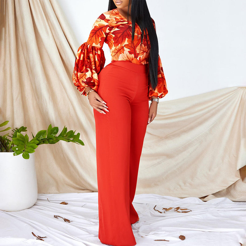 Women Jumpsuit Fashion Printed Wide-Leg Pants Two-Piece Set