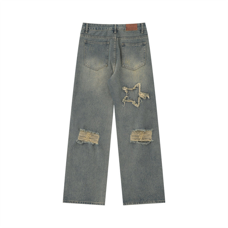 Men Jeans Five-Pointed Star Patch Ripped Leisure Loose