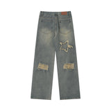 Men Jeans Five-Pointed Star Patch Ripped Leisure Loose