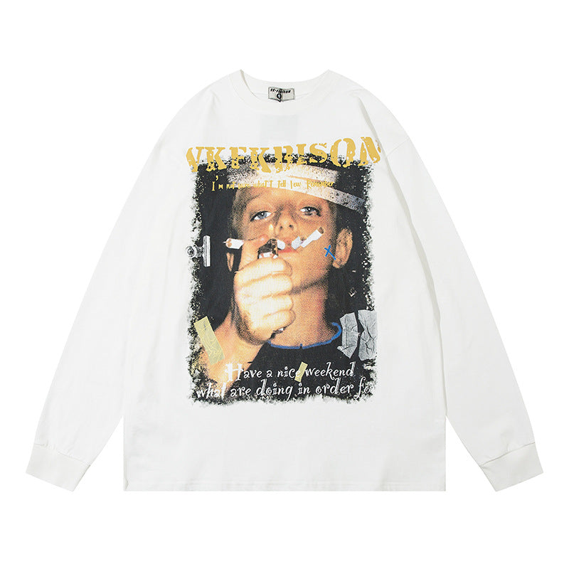 Men Long Sleeve T-shirt Hip Hop Cool Character Printed Cotton Loose