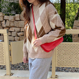 Women Pullover Sweater Soft Glutinous Rhombus Loose Pullover