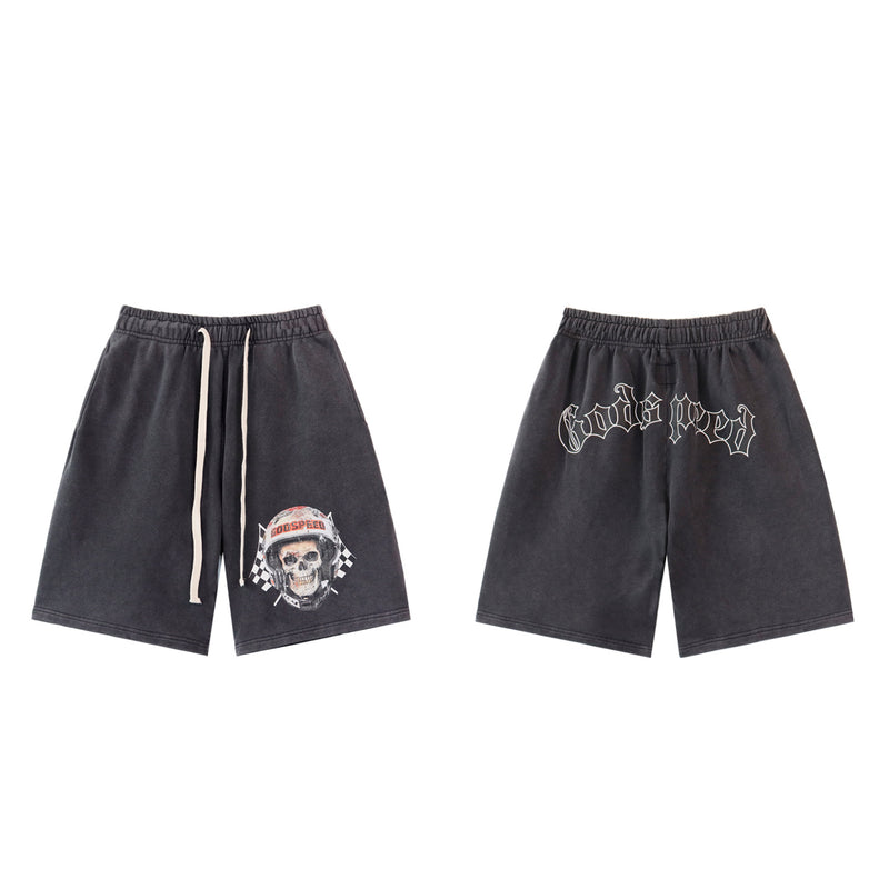 Godspeed Shorts Summer GOD Skull Racer Pattern Casual Loose Shorts