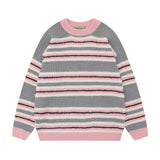 Women Sweater Contrast Color Striped Soft Knitted Top Retro Loose