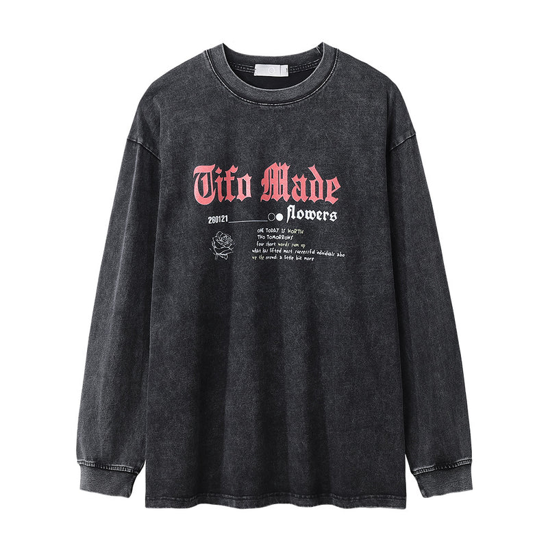 Men Long Sleeve T-Shirt Rose Pattern Loose Distressed Niche
