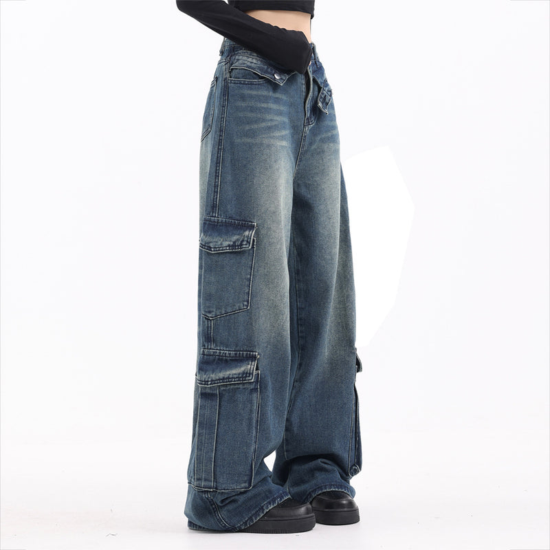 Men Jeans Vintage Work Loose Multi-Pocket Jeans