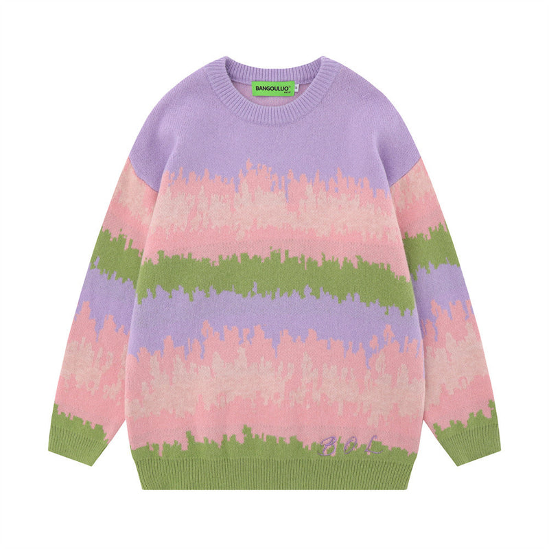 Men Sweater Gradient Jacquard Crew Neck Sweater