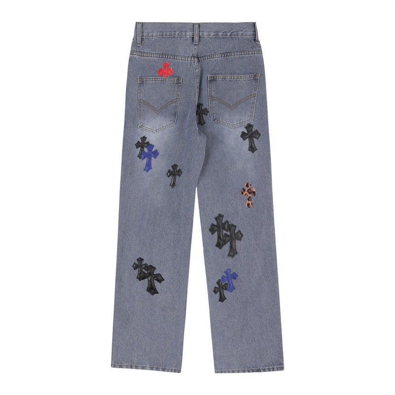 Men Jeans Cross Leather Embroidery Personality